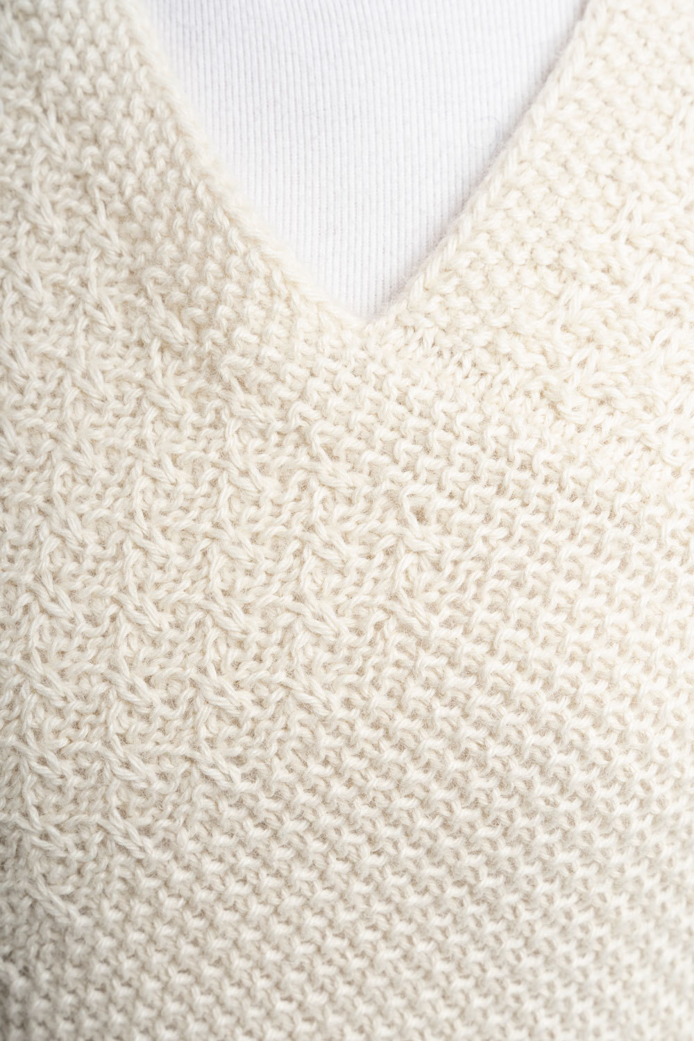 Ladies V-Neck Knitted Poncho - Ecru - 4