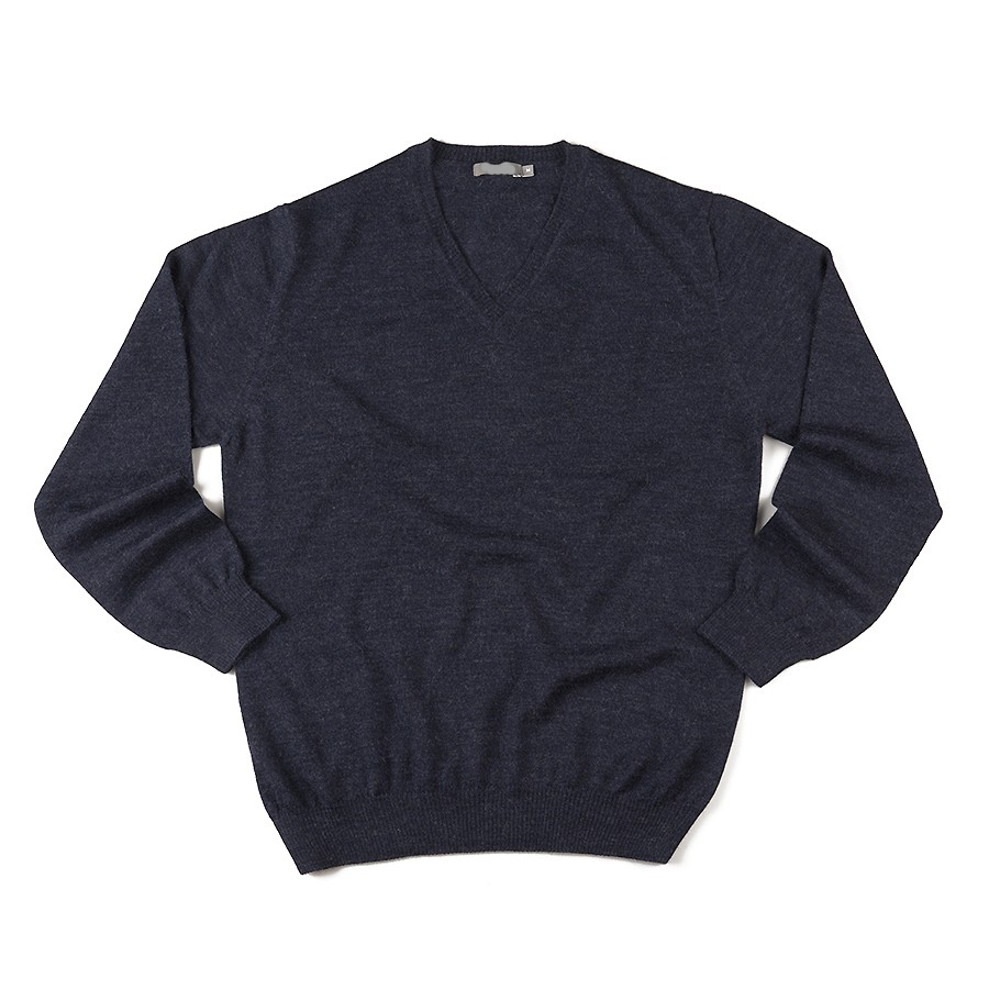 Mens Alpaca Jersey V-Neck Sweater - Blue Melange - 1