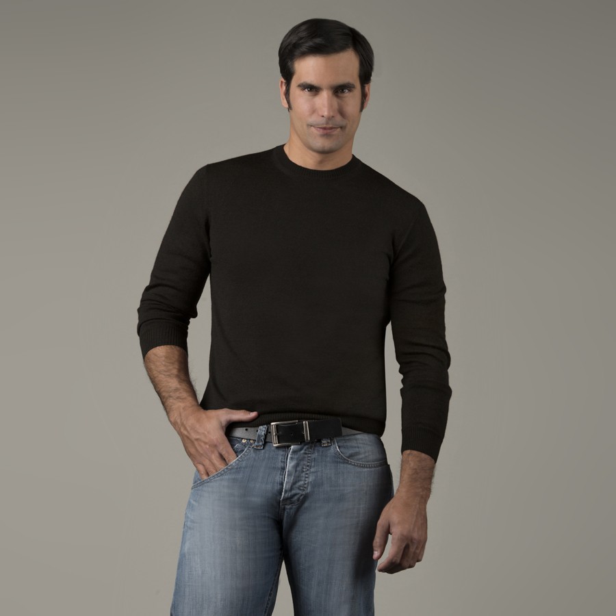 Mens Alpaca Jersey Crew-Neck Sweater - Black - 1