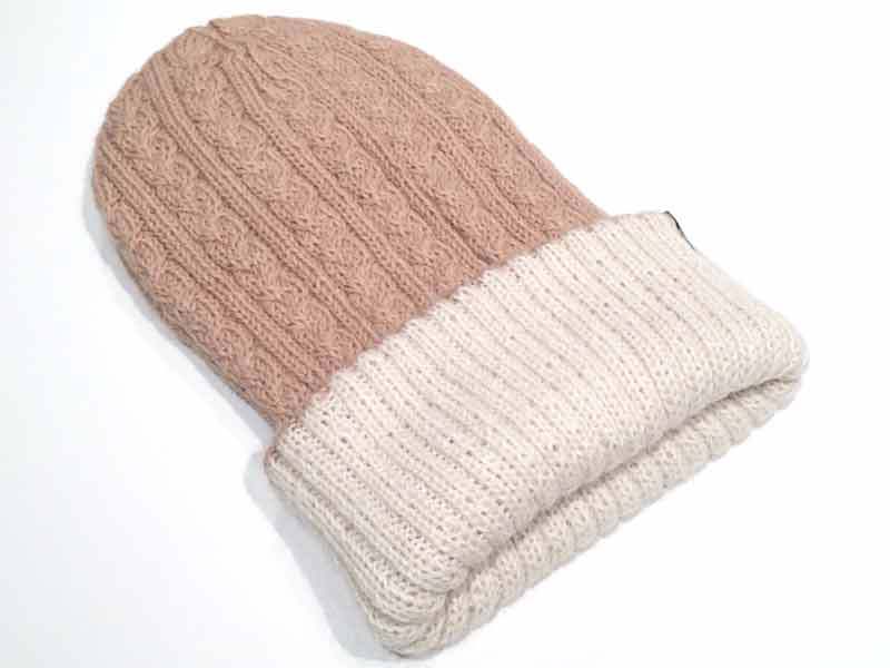 Reversible Hand Knit Alpaca Beanie - Camel/Cream - 1