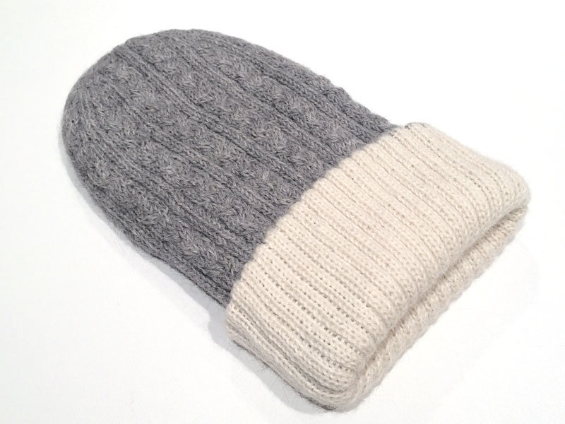 Reversible Hand Knit Alpaca Beanie - Silver/Cream - 1